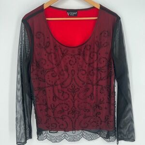 Vintage Y2K Mesh Whimsigoth Top Womens Large Goth Beaded Layered Red Black Vamp